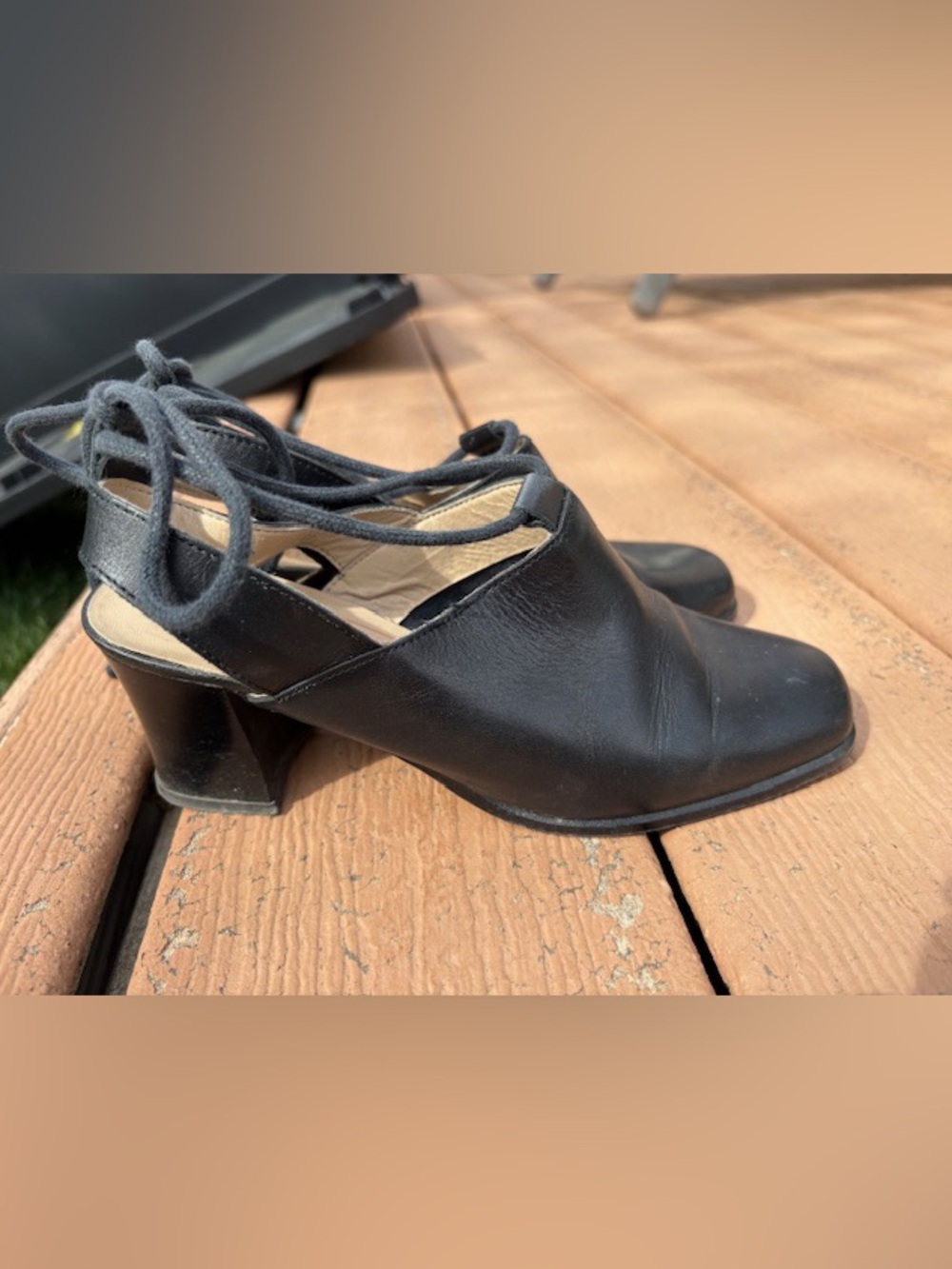 Black Calf Leather Block Toe + Tie Strap Heels, good condition women size 5.5/6